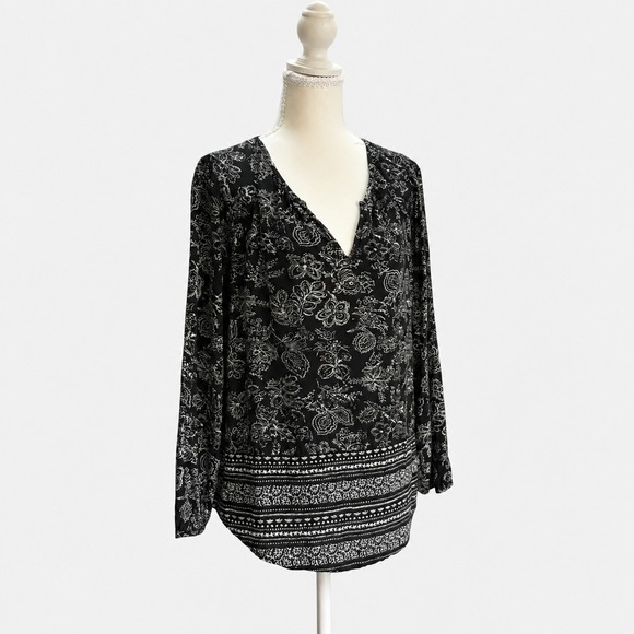 Old Navy Tops - Boho Paisley Blouse Black White V Neck Long Sleeve Tunic Women's Large